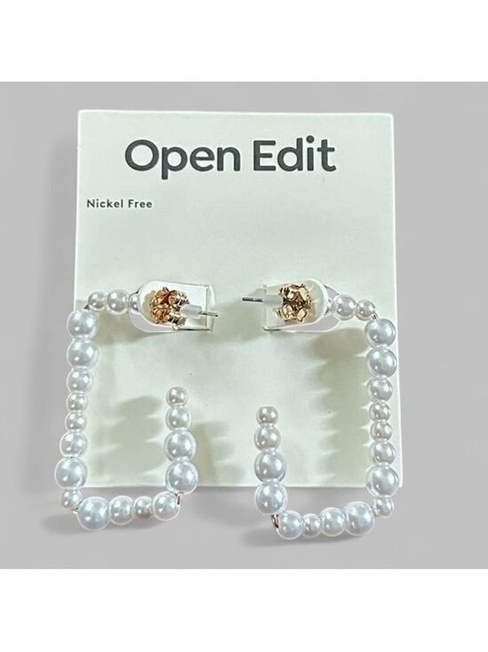 Open Edit Jewelry - Open Edit-Faux Pearl Rectangle Earrings-white/Gold-NWT